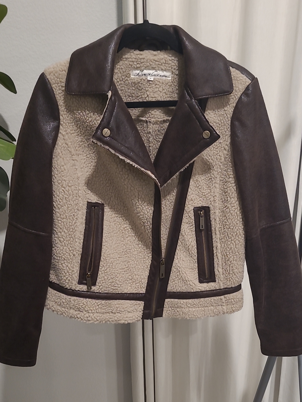 Kenneth Cole New York Beige Sherpa Jacket with Dark Brown Trim, Unlined